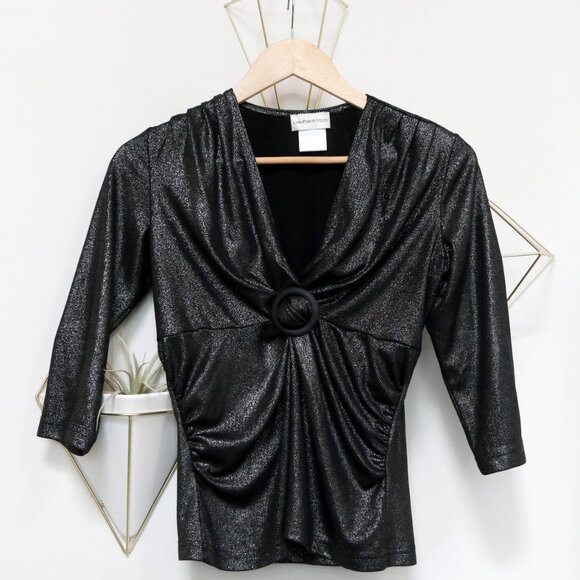 Vintage Y2K Shimmery Black Gathered Front Top, 1/2 Sleeve Shirt, Fitted Glitter - Picture 4 of 6